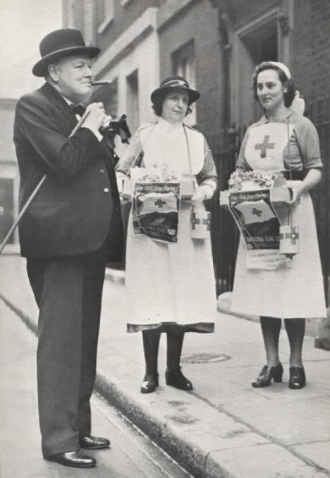 Winston Churchill with nurses on a JWO flag day